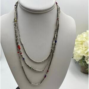 Vintage Sterling Silver Long Strand Beaded Colorful Glass Seed Beads Necklace